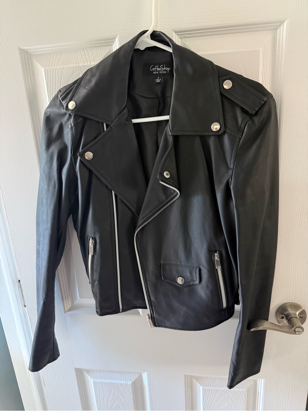 LIKE NEW! CoffeeShop Black Faux Leather Biker Jacket with Silver Hardware